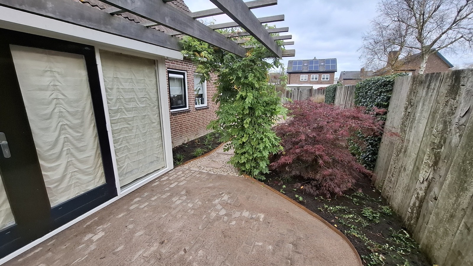 Modern aangelegde tuin met gazon, border en pad